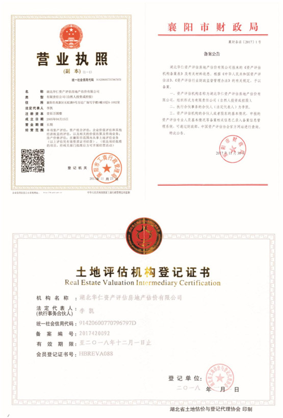 華仁資產(chǎn)評估房地產(chǎn)估價(jià)有限公司營業(yè)執(zhí)照、資產(chǎn)評估備案公告、土地評估機(jī)構(gòu)登記證書.jpg