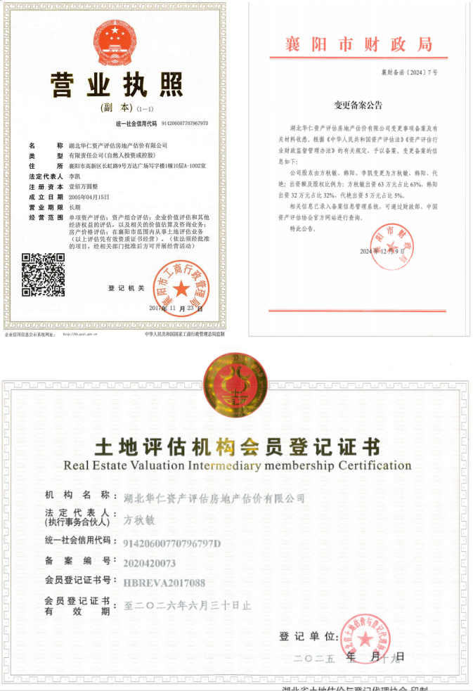 華仁資產(chǎn)評(píng)估房地產(chǎn)估價(jià)有限公司營(yíng)業(yè)執(zhí)照、資產(chǎn)評(píng)估備案公告、土地評(píng)估機(jī)構(gòu)登記證書(shū)